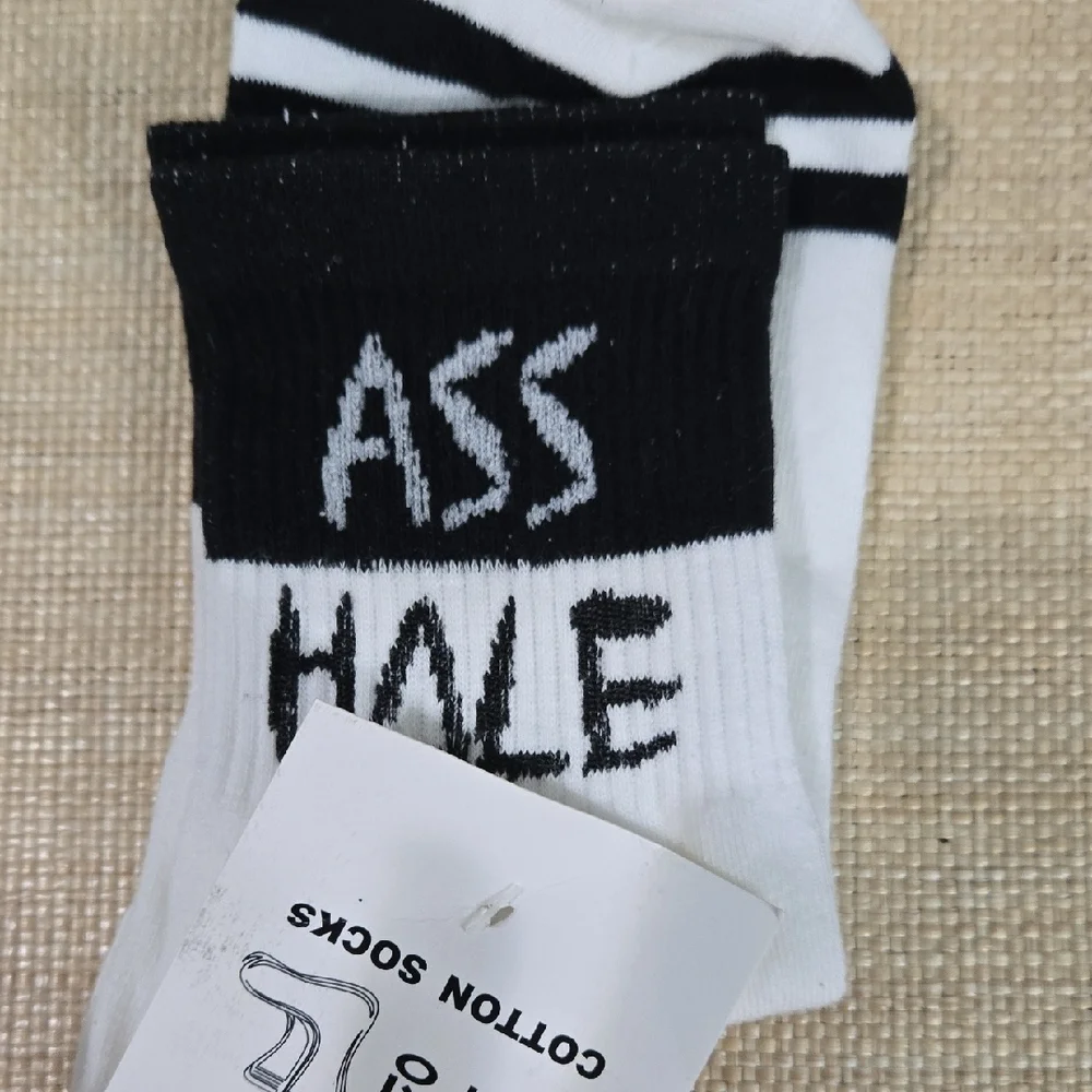 Muji White & Black Graphic Cotton Crew Socks